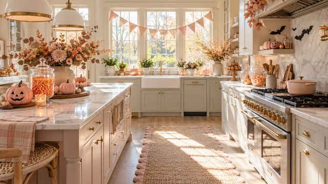 Charming pastel kitchen styled for Halloween with candy corn jars, mini pink pumpkins and soft bunting