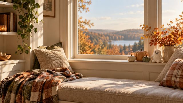 Cozy window nook with a plaid blanket, small pastel pumpkins on the windowsill and a tiny ghost plush