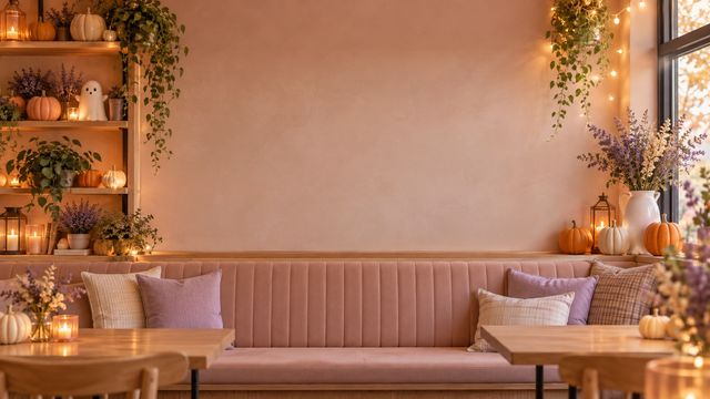 Cozy pastel pink café interior decorated for Halloween with pumpkins on wooden shelves, string lights and lavender accents