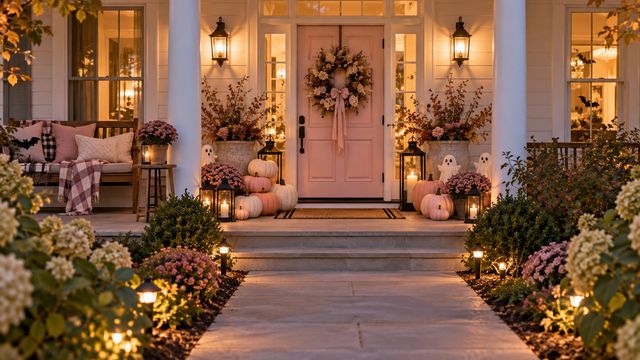 Pastel front porch with stacked pink and white pumpkins beside a blush pink door and warm evening lanterns