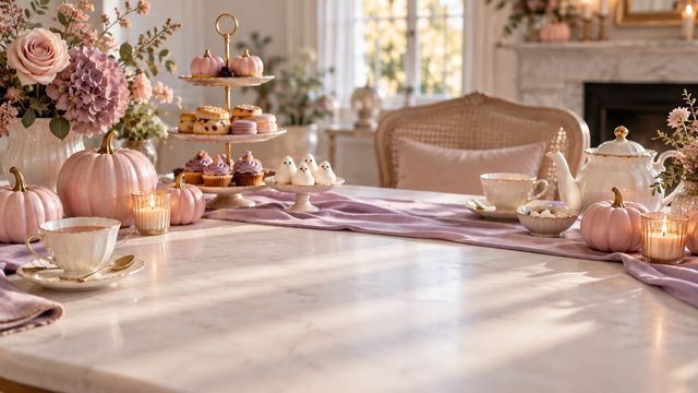 Pastel afternoon tea table with mini pink pumpkins, cream teacups and a lavender table runner