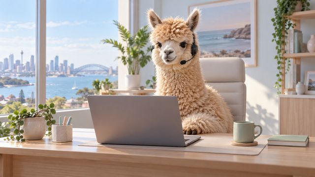 Alpaca wearing a tiny headset sitting in an office chair behind a desk as if attending a video call