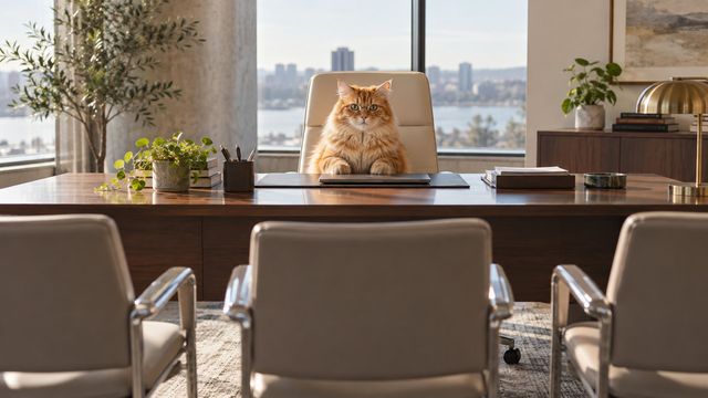 Fluffy orange cat with reading glasses sitting behind a desk as if leading a meeting in a bright office