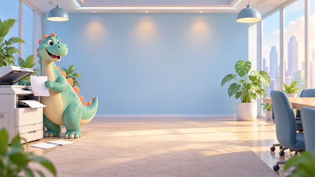 Friendly cartoon dinosaur using an office photocopier in a pastel meeting room with blank paper on the floor
