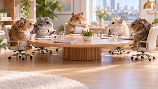 Fluffy hamsters sitting in tiny office chairs around a low table as if in a team meeting