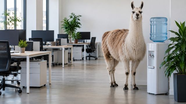 Single llama standing alone beside the water cooler in an empty open-plan office
