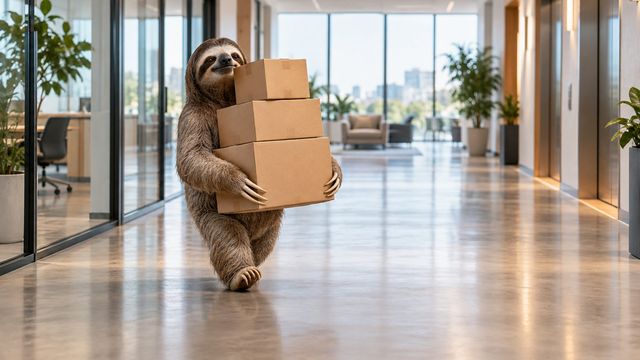 Sloth slowly carrying a stack of cardboard boxes down a bright modern office hallway
