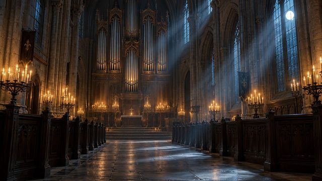 Dim stone chapel with a tall pipe organ, rows of candles and moonlight through tall windows