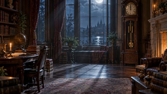 Old study with a tall antique clock showing midnight, moonlit windows and a flickering candle
