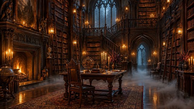 Victorian mansion library with tall bookshelves, candle lanterns, rolling fog and warm amber glow